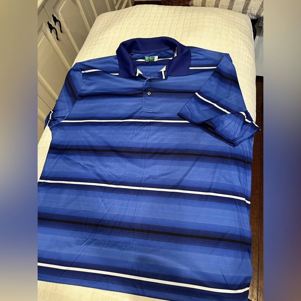 Men’s blue stripe performance golf shirt. 3xl
